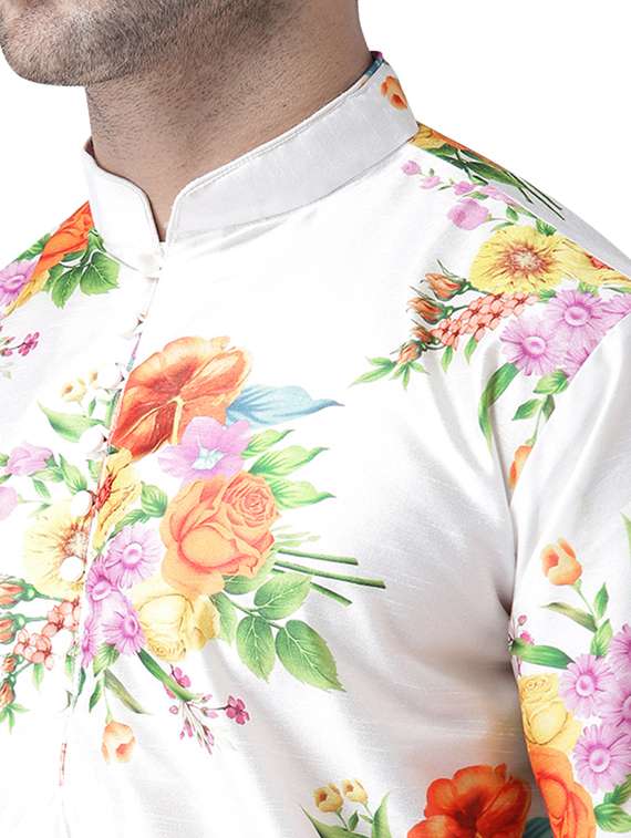 white floral print silk blend kurta pyjama set - 17356850 -  Standard Image - 3