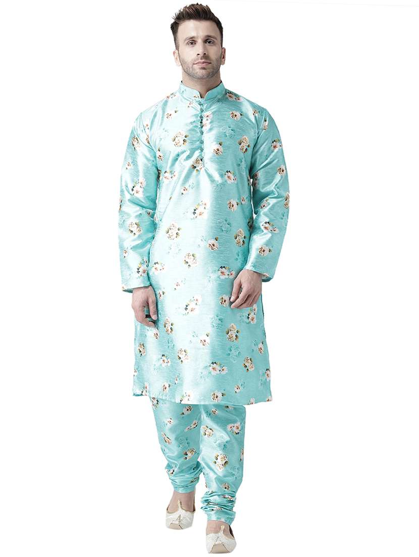 turquoise blue floral print silk blend kurta pyjama set - 17356856 - Zoom Image - 0