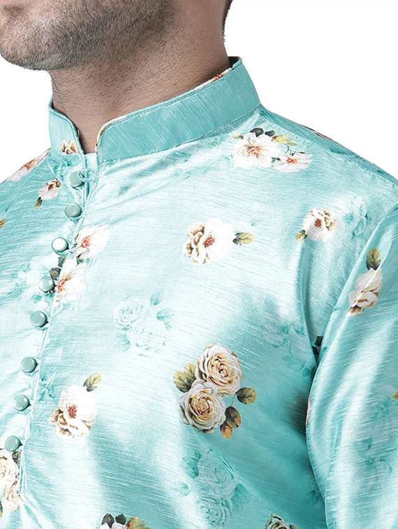 turquoise blue floral print silk blend kurta pyjama set - 17356856 - Standard Image - 3