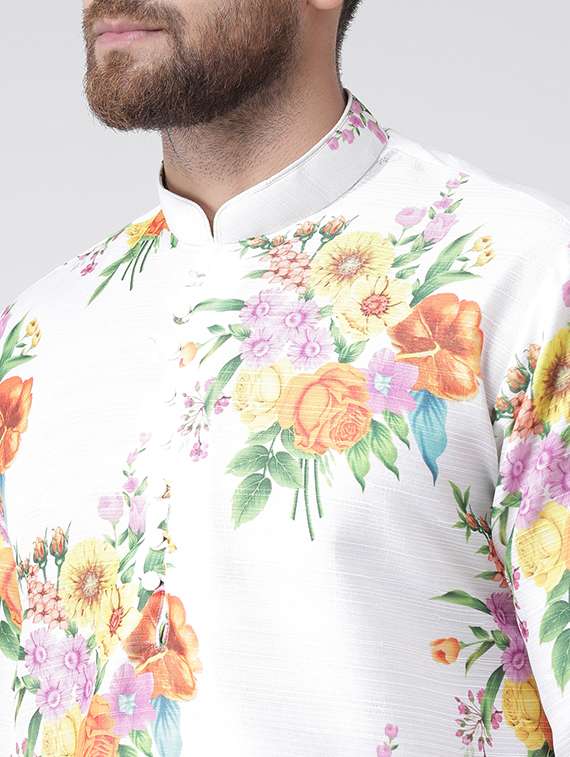 white floral silk blend kurta pyjama set - 17356867 -  Standard Image - 3