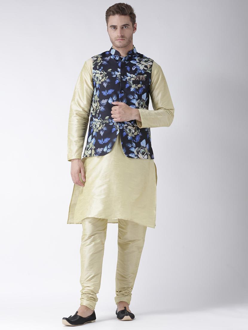yellow solid kurta pyjama set navy blue printed nehru jacket - 17356998 - Zoom Image - 0