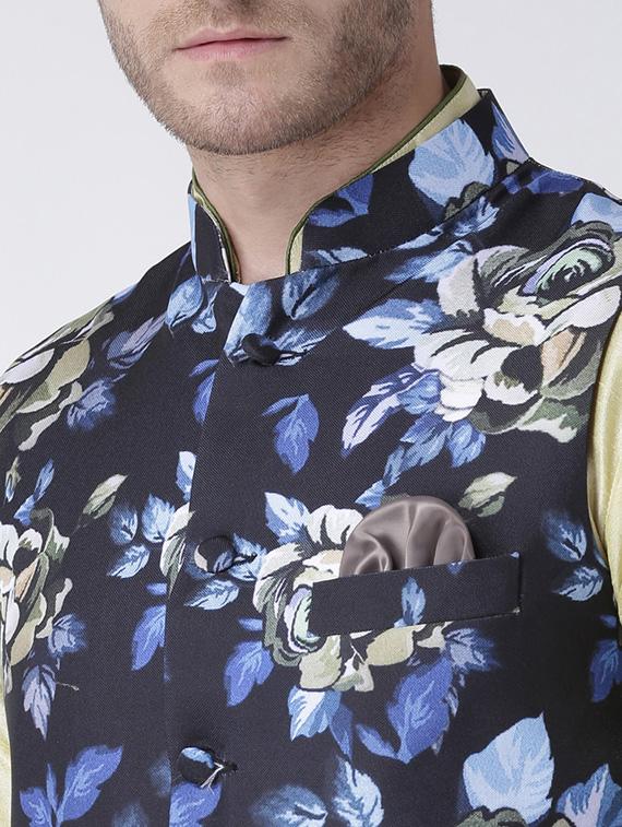 yellow solid kurta pyjama set navy blue printed nehru jacket - 17356998 - Standard Image - 3