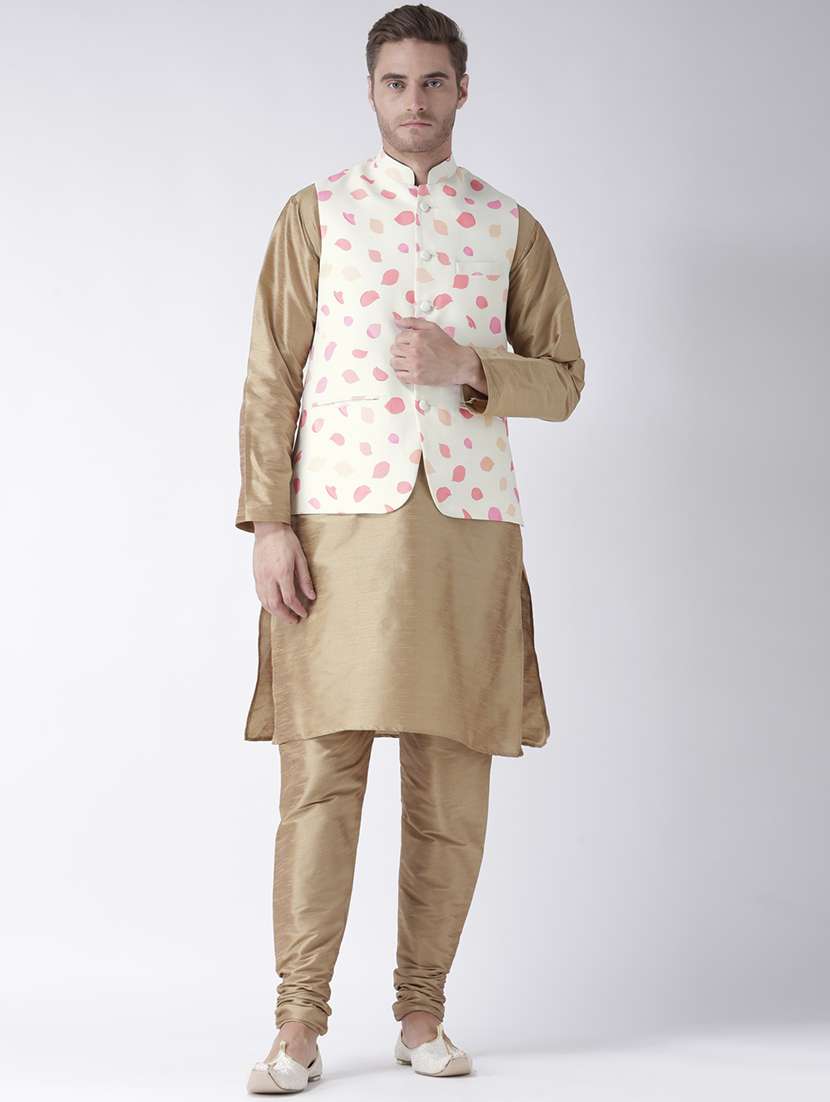 men solid kurta pyjama set with white printed nehru jacket - 17357019 -  Zoom Image - 0