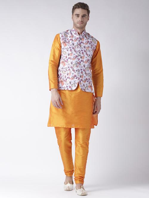 orange solid kurta pyjama set with floral print nehru jacket - 17357033 - Standard Image - 0