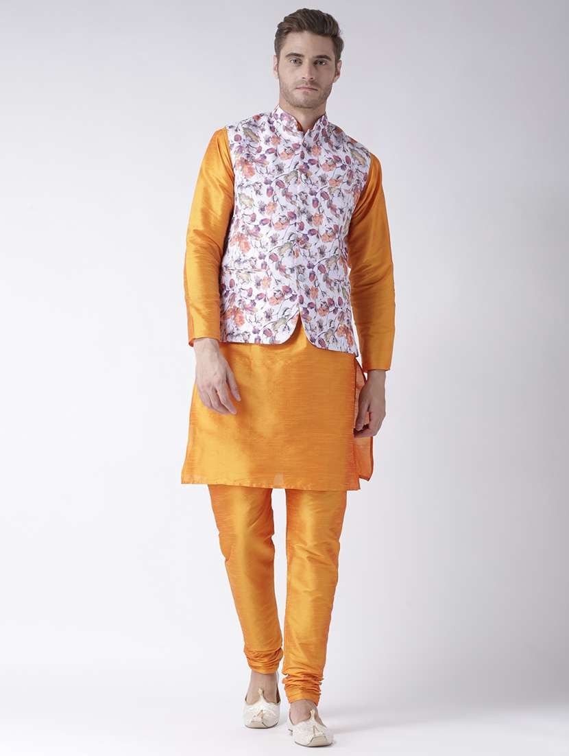 orange solid kurta pyjama set with floral print nehru jacket - 17357033 - Zoom Image - 0
