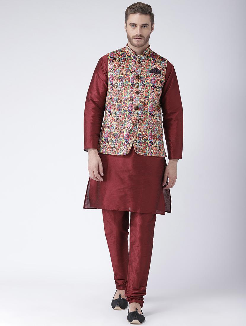 men solid kurta pyjama set with printed nehru jacket - 17357045 - Zoom Image - 0