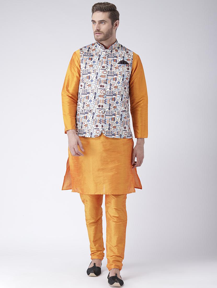 orange solid kurta pyjama with printed nehru jacket - 17357060 - Zoom Image - 0