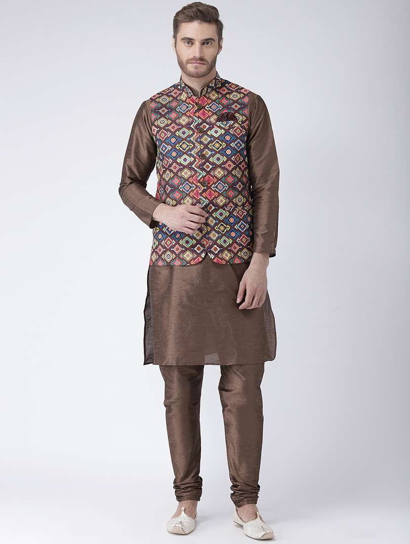 brown solid kurta pyjama set with printed nehru jacket - 17357069 -  Zoom Image - 0