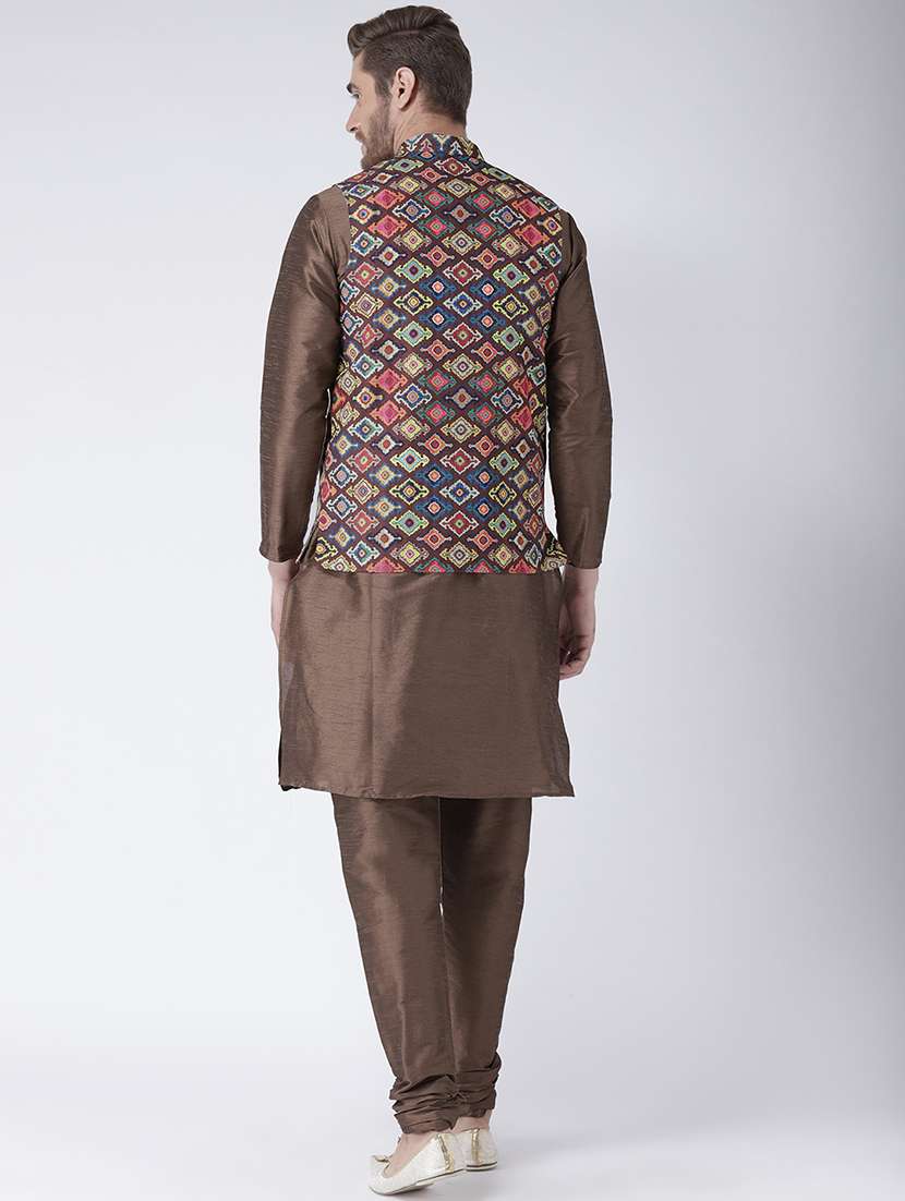 brown solid kurta pyjama set with printed nehru jacket - 17357069 - Standard Image - 3