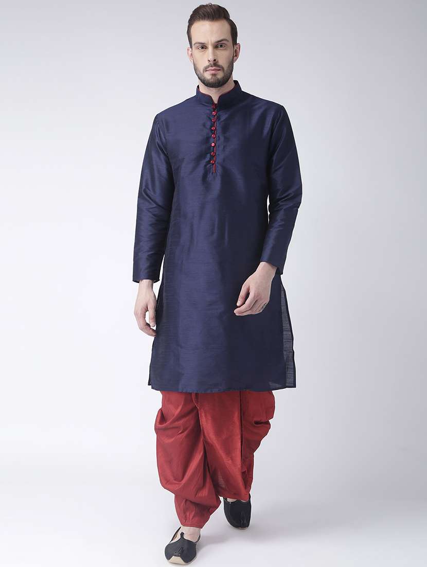 navy blue solid dhoti kurta set multi colored jacquard bandhgala jacket - 17357118 -  Standard Image - 3