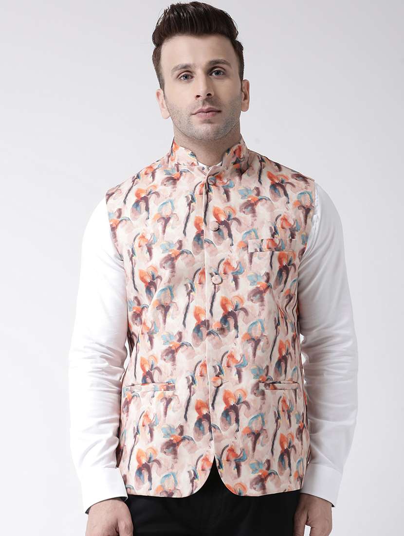 beige printed nehru jacket - 17358289 -  Zoom Image - 0