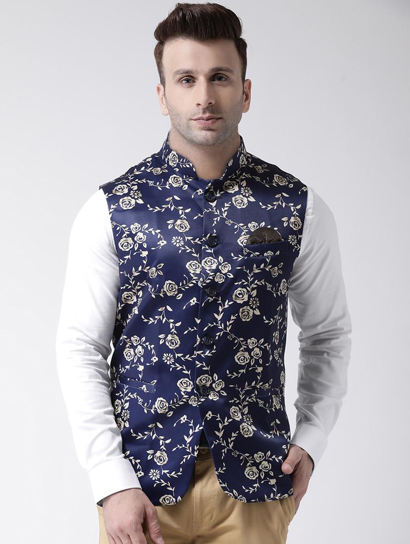 navy blue floral print nehru jacket - 17358303 - Zoom Image - 0