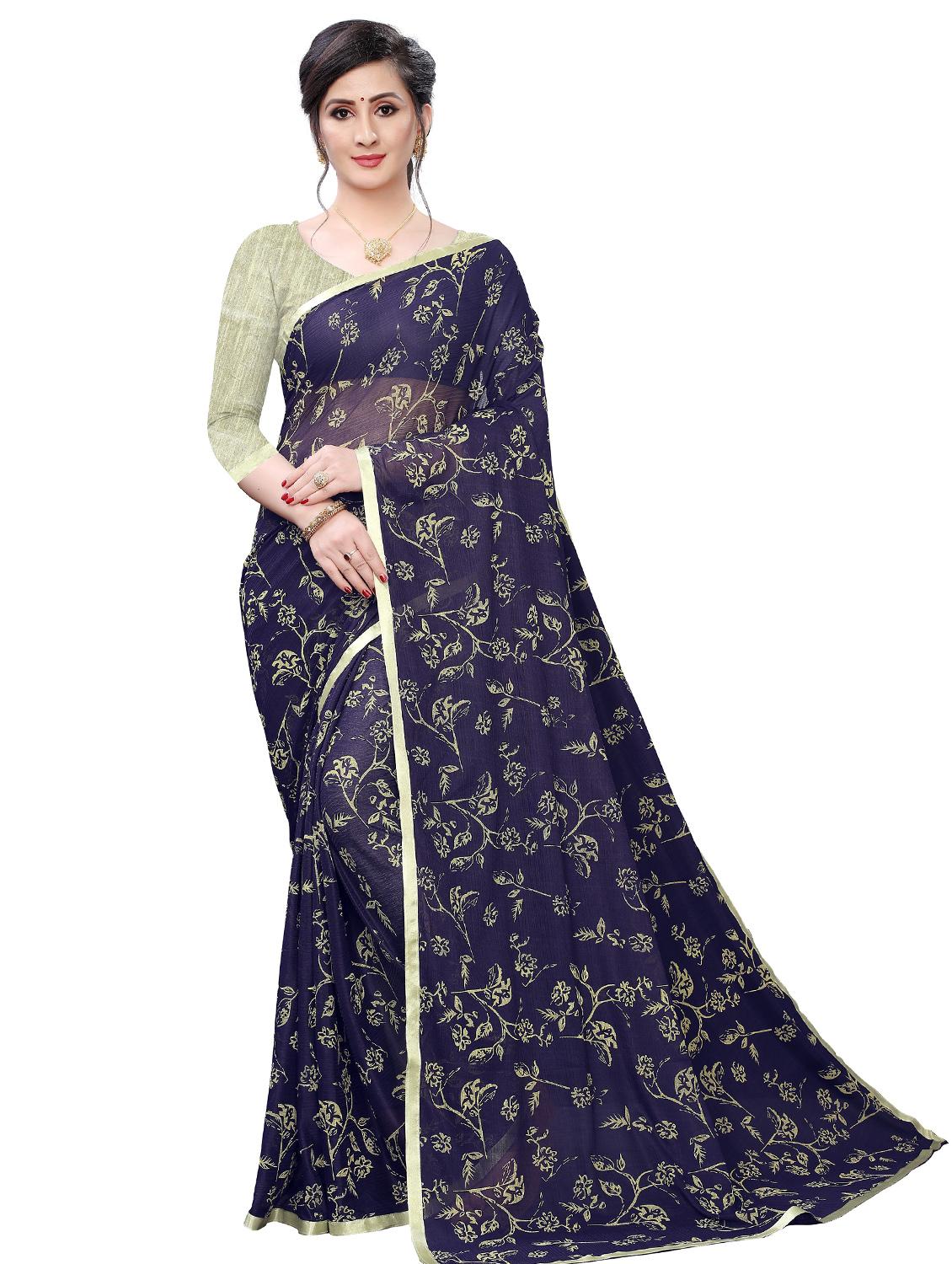navy lycra printed saree with blouse - 17363519 -  Zoom Image - 0