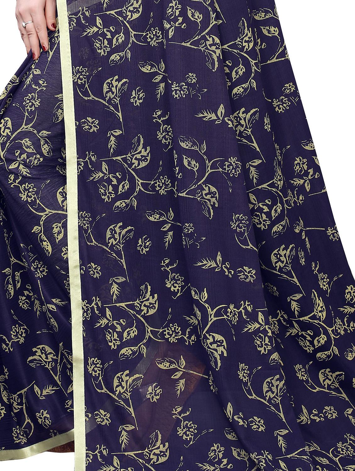 navy lycra printed saree with blouse - 17363519 - Standard Image - 3
