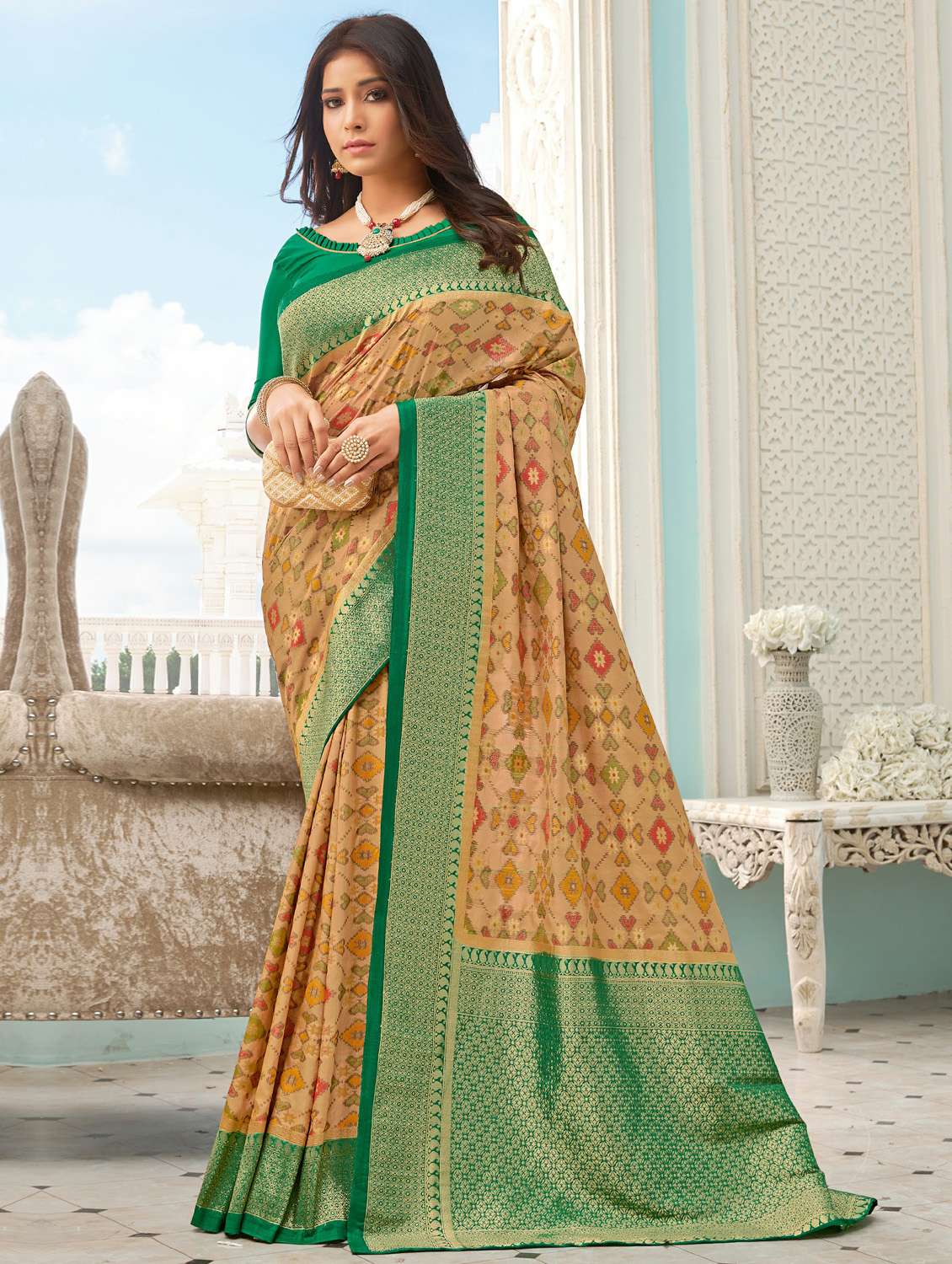women printed bordered saree with blouse