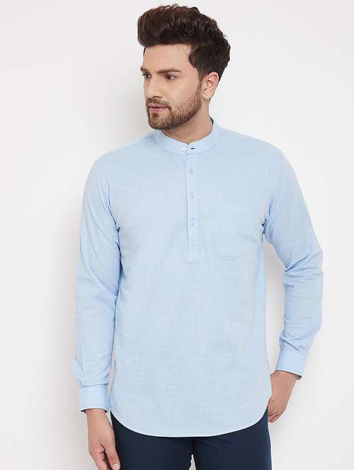 light blue solid linen short kurta - 17376247 -  Standard Image - 0