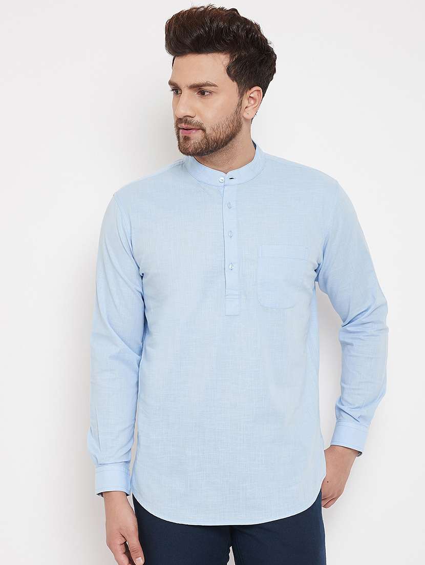 light blue solid linen short kurta - 17376247 -  Zoom Image - 0