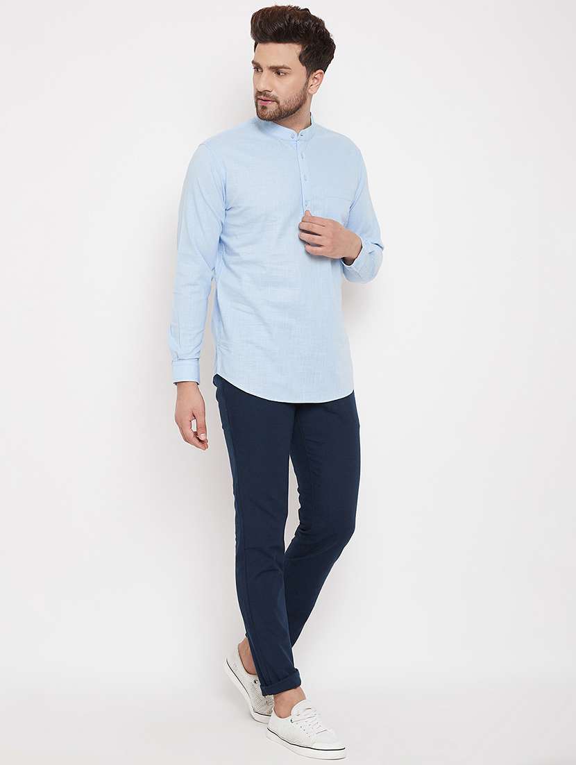 light blue solid linen short kurta - 17376247 - Standard Image - 3