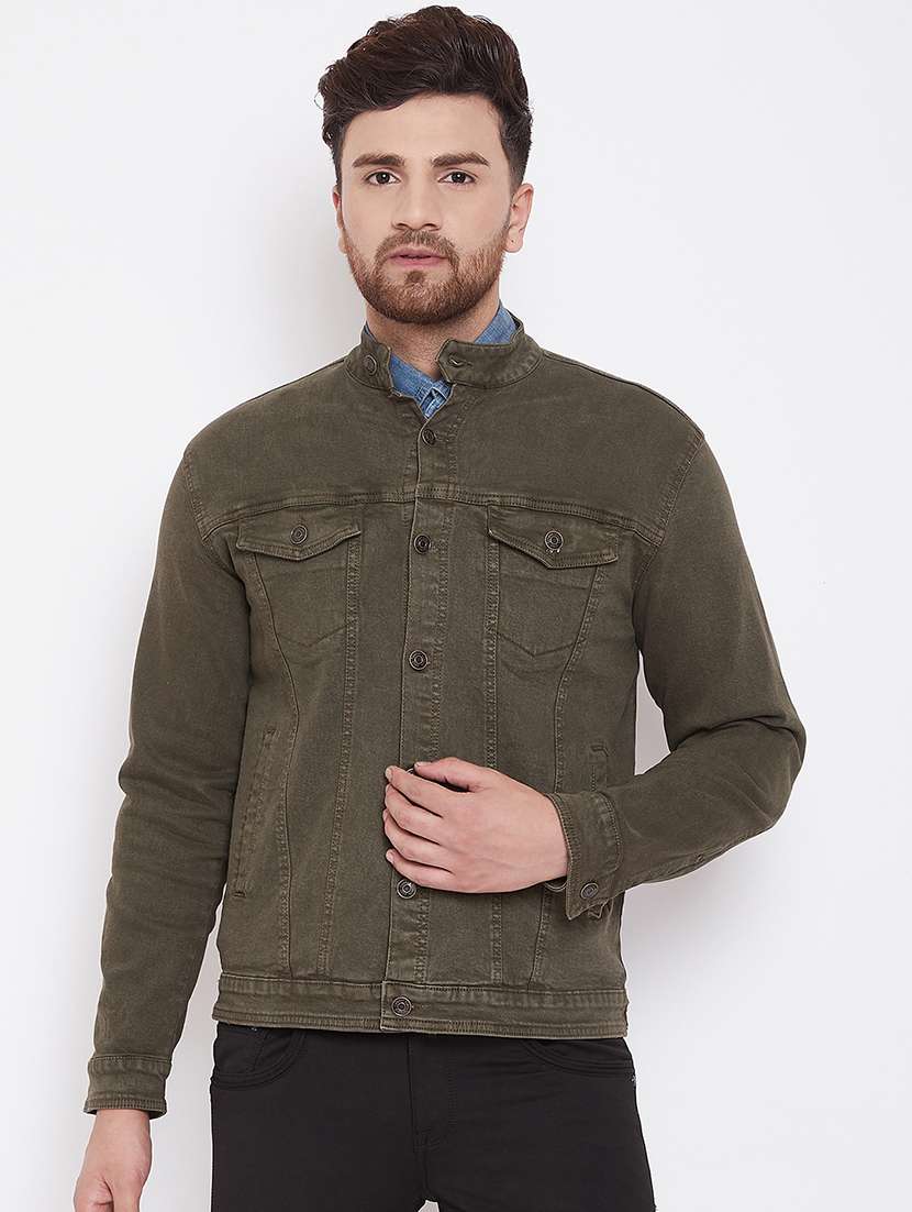 olive green solid denim jacket - 17376276 -  Zoom Image - 0