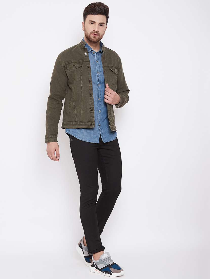 olive green solid denim jacket - 17376276 - Standard Image - 3