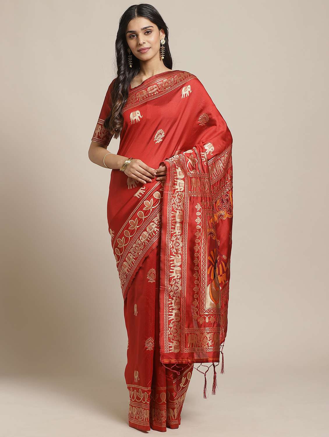 maroon silk blend banarasi saree with blouse