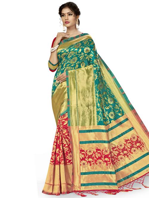 half & half woven saree with blouse - 17379849 - Standard Image - 0