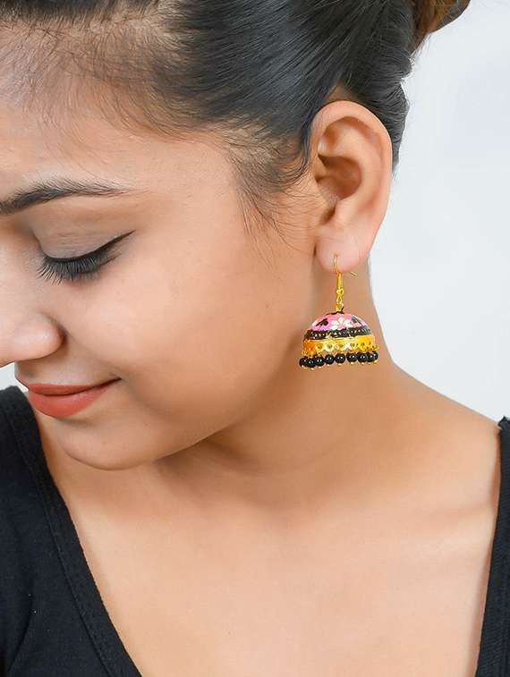 pink brass jhumka earring - 17381838 -  Standard Image - 3