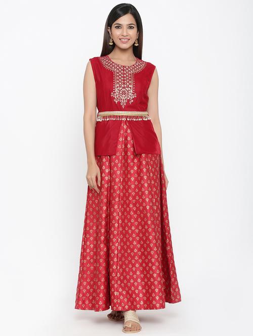 embroidered foil printed fit & flare gown - 17381941 -  Standard Image - 0