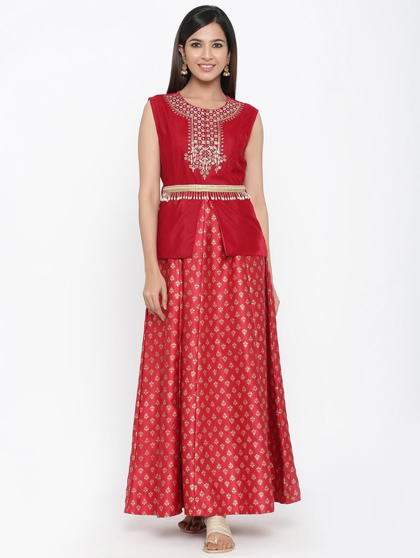 embroidered foil printed fit & flare gown - 17381941 -  Zoom Image - 0