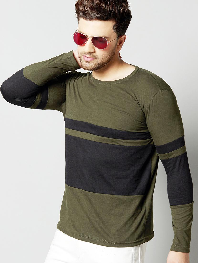 olive green color block cut & sew t-shirt - 17383299 - Zoom Image - 0