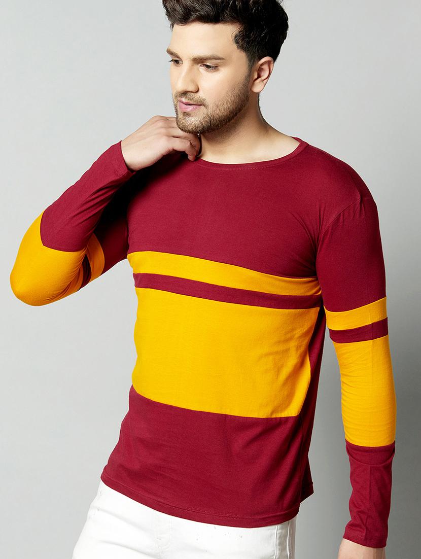 maroon color block cut & sew t-shirt - 17383300 -  Zoom Image - 0