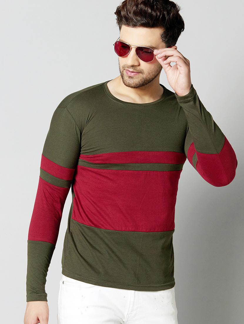 olive green color block cut & sew t-shirt - 17383303 - Zoom Image - 0