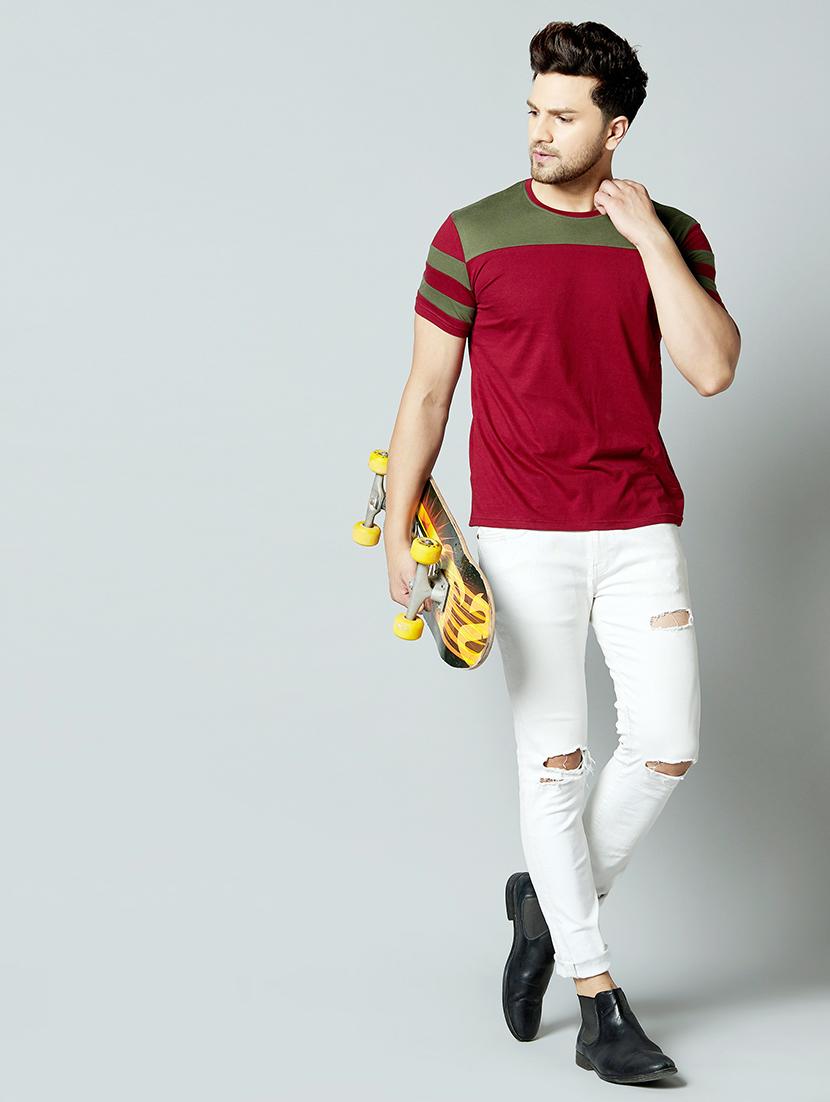 maroon color block round neck t-shirt - 17383330 - Standard Image - 3