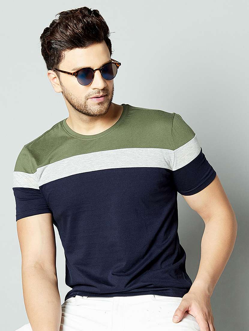 navy blue color block cut & sew t-shirt - 17383346 - Zoom Image - 0