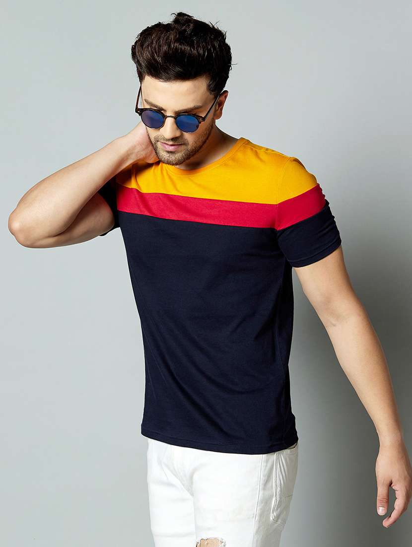 navy blue color block cut & sew t-shirt - 17383351 - Zoom Image - 0