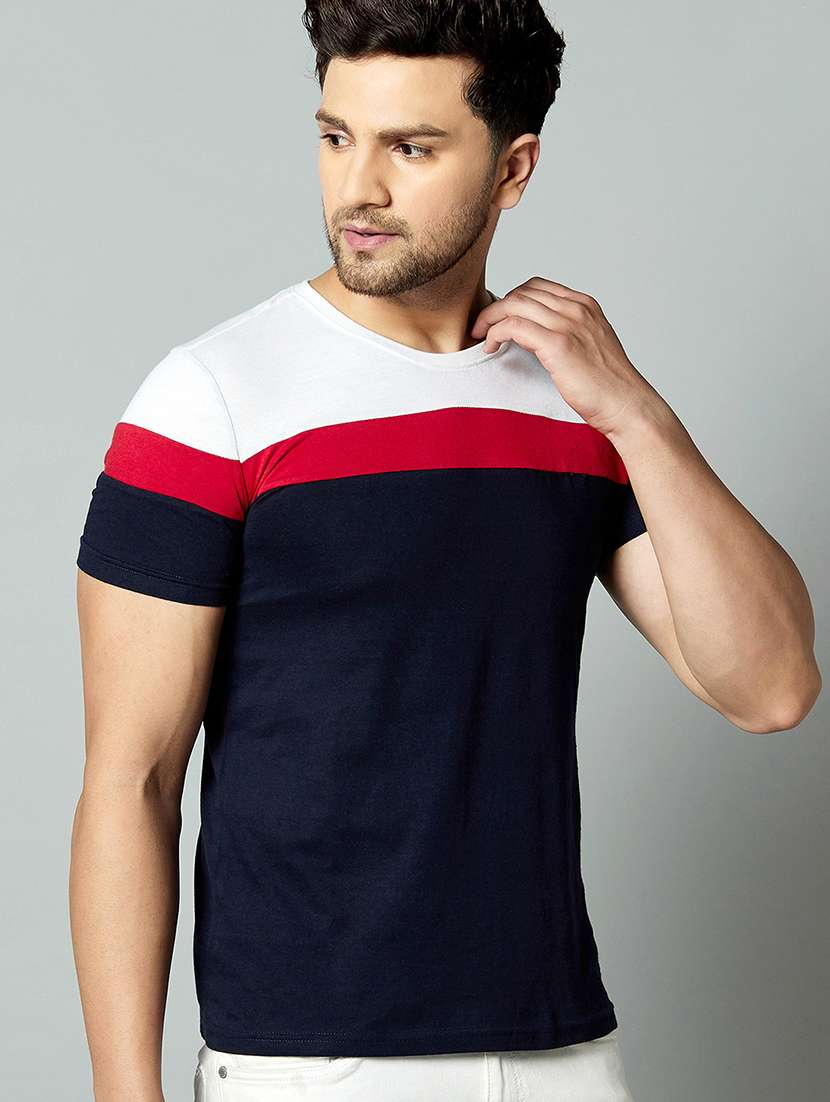 navy blue color block cut & sew t-shirt - 17383353 -  Zoom Image - 0