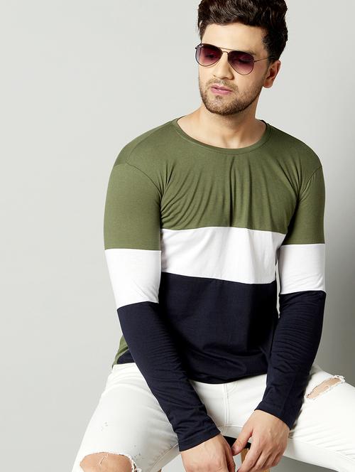 olive green color block cut & sew t-shirt - 17383354 - Standard Image - 0