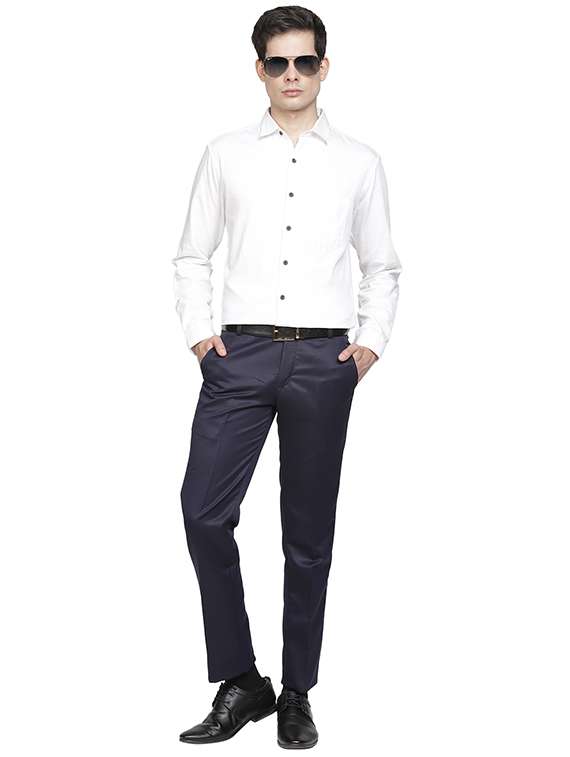 Navy Blue Solid Flat Front Formal Trouser - 17396070 -  Standard Image - 3