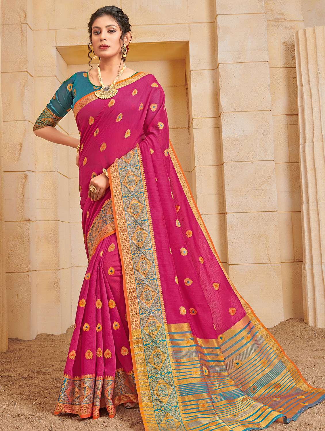 women's self design pink colored saree with blouse
