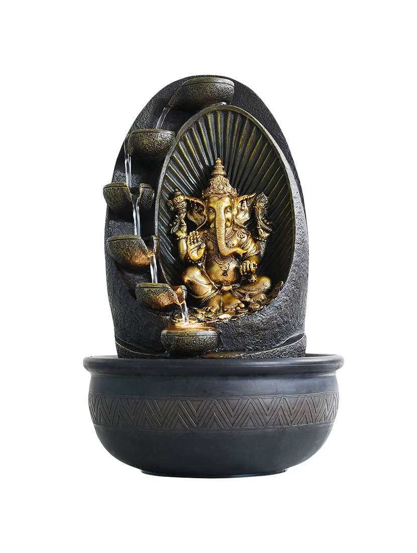  polyresin golden brown ganesha five step indoor table top water fountain with adjustable speed control