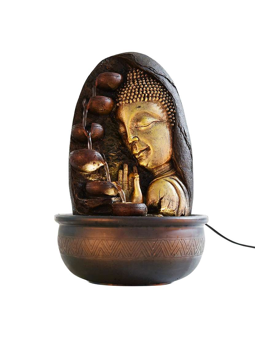   polyresin golden brown buddha five step indoor table top water fountain with adjustable speed control 