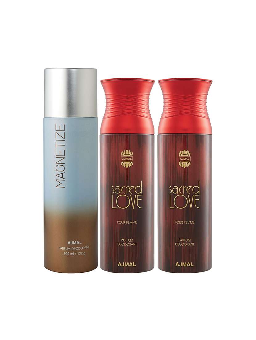 ajmal 1 magnetize for unisex and 2 sacred love for women  deodorants each 200ml combo pack of 3 (total 600ml) + 3 testers