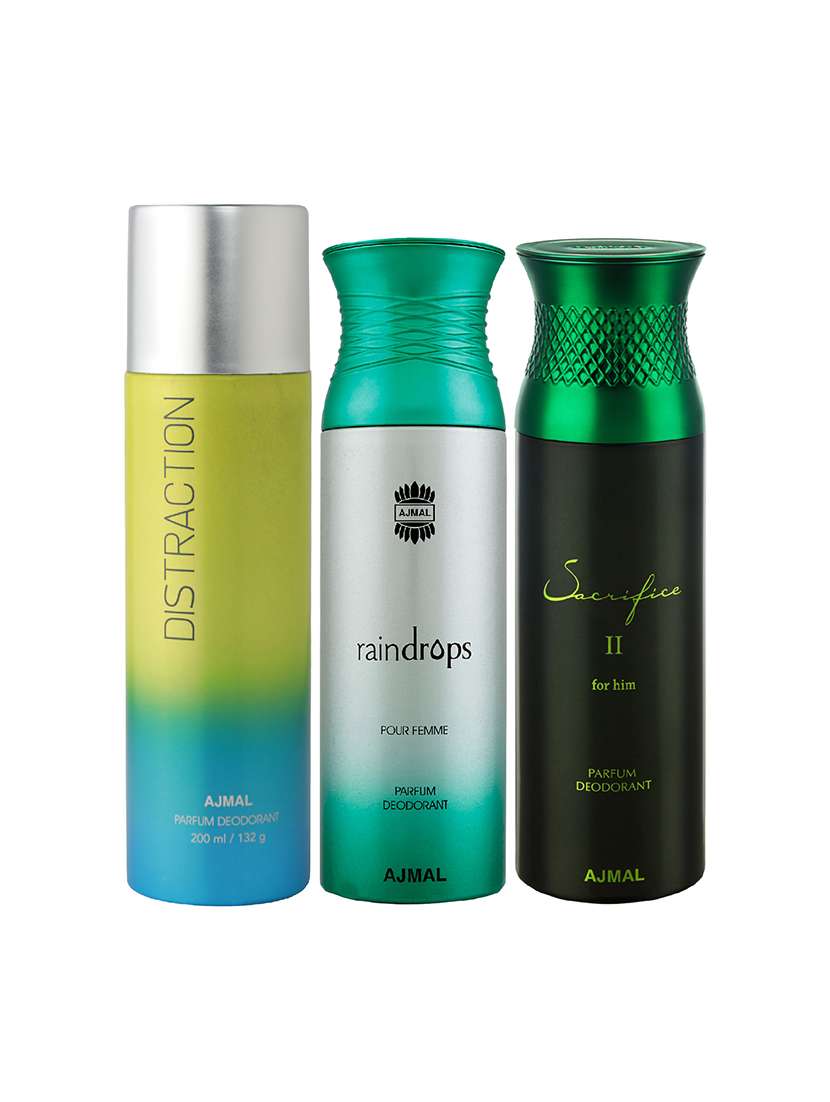 ajmal 1 distraction for unisex,1 raindrops for women,1 sacrifice ii for men deodorants combo pack of 3(total 600ml)+3 testers