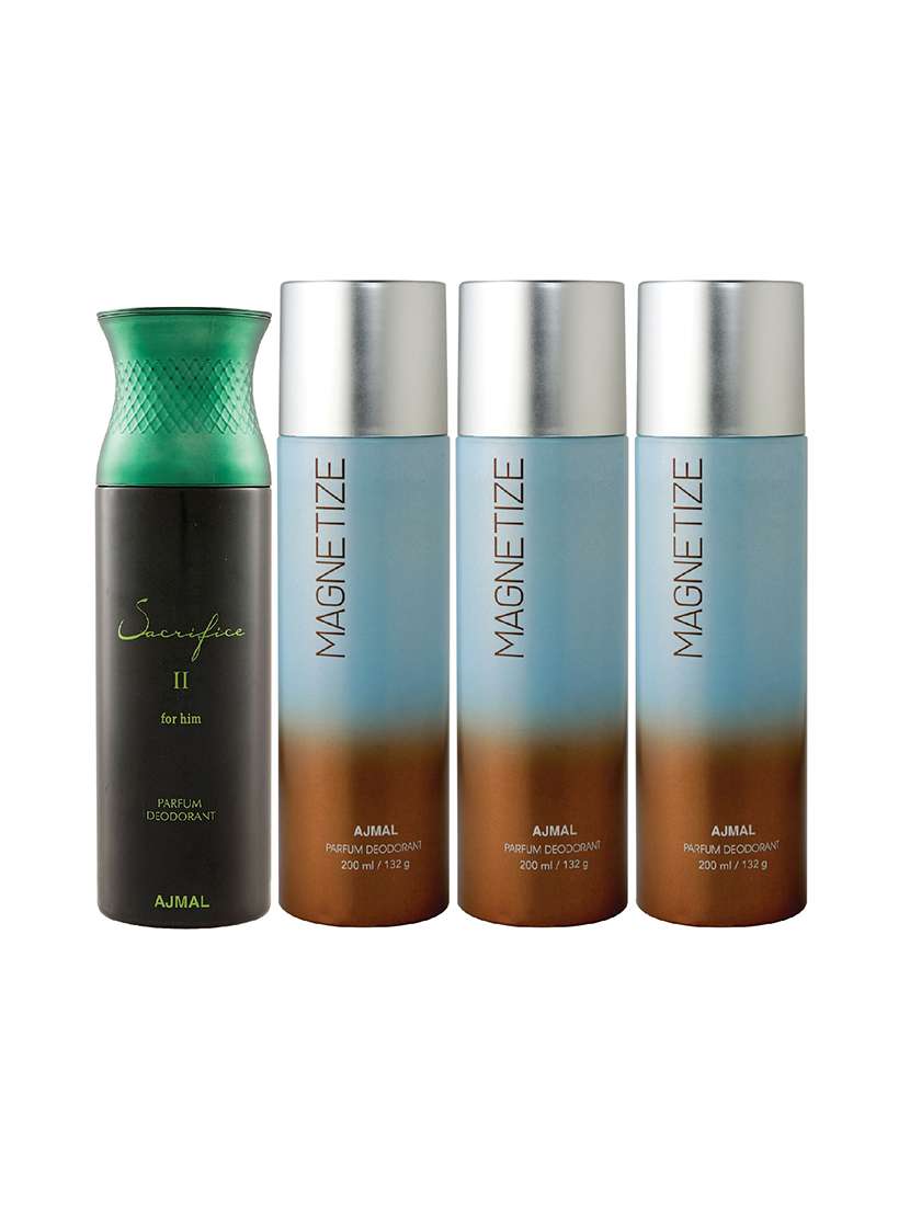 ajmal 1 sacrifice ii for him for men and 3 magnetize for unisex  deodorants combo pack of 4 (total 800ml) + 3 testers