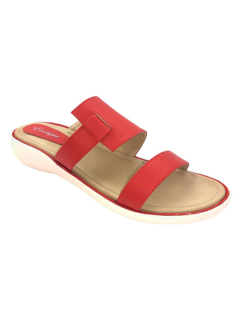 red leatherette slip on sandals