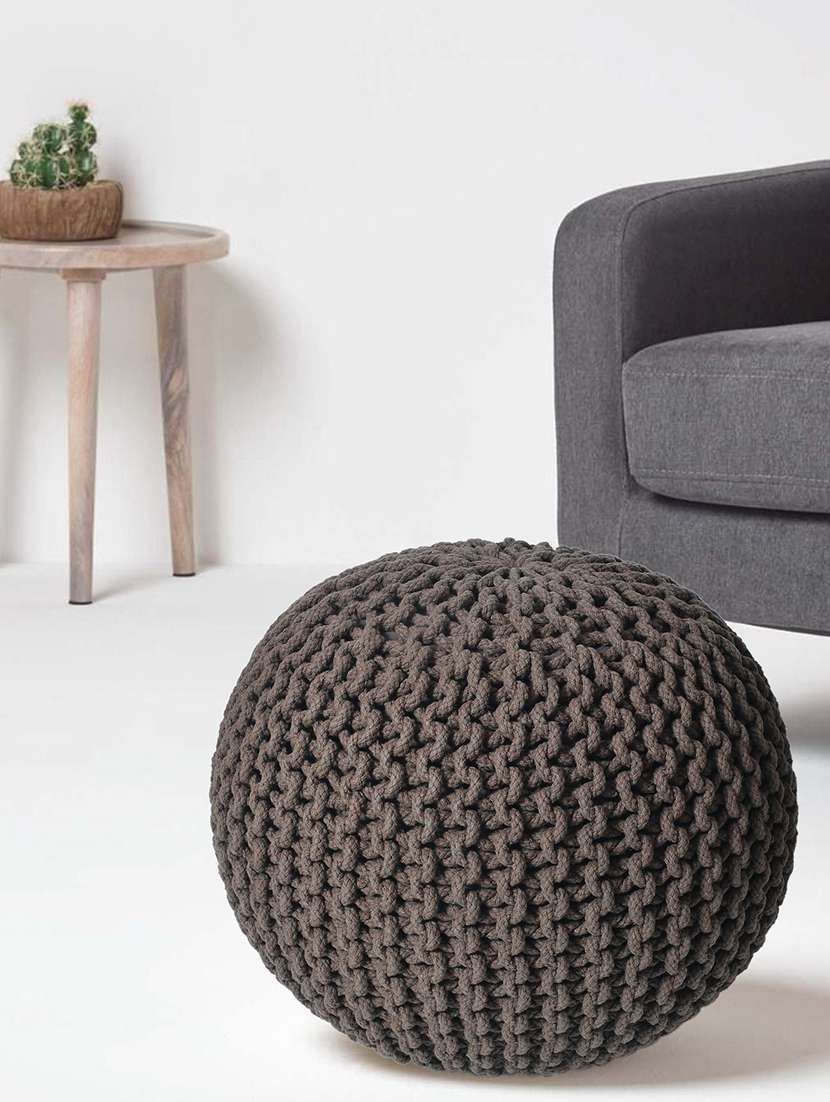 sheen décor knitted round pouffe in brown color  size(17x17x16 inches)
