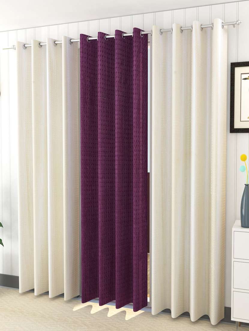 sheen decor galaxy rock 7 feet 9 door solid curtains size(4x7 feet)(pack of 3) 2 off white 1 purple