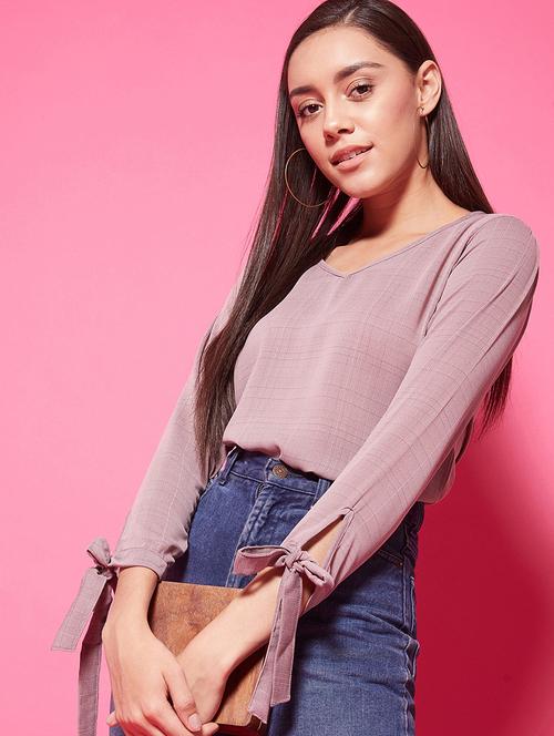 tie up sleeves checkered top - 17424528 - Standard Image - 0