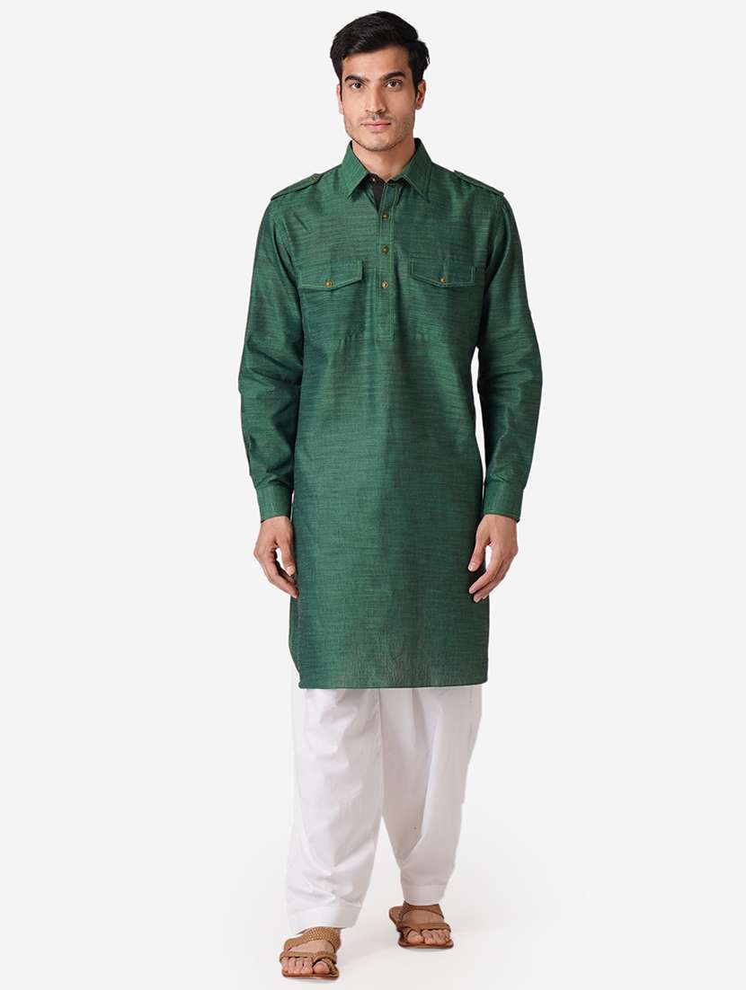 bottle green cotton kurta pyjama ethnic wear set