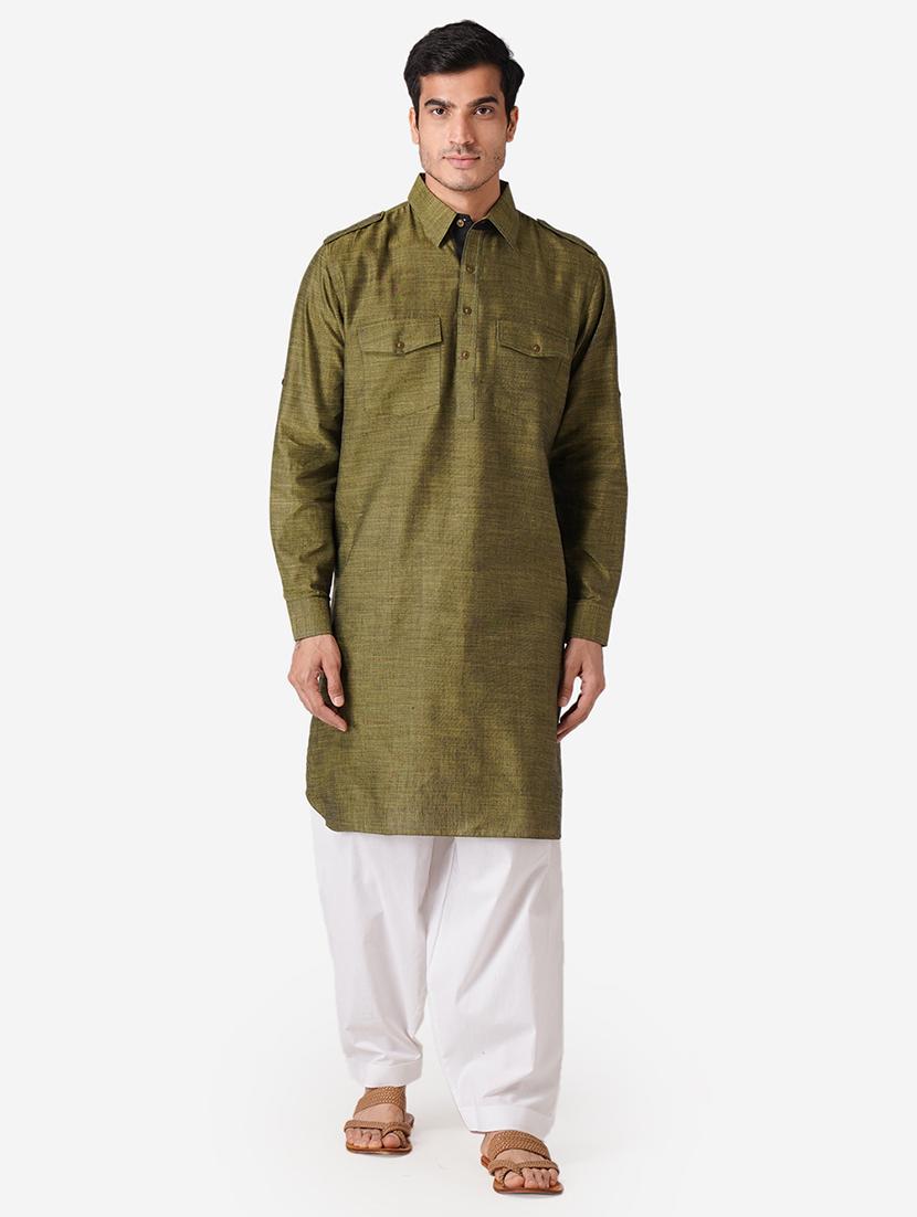 green cotton kurta pyjama ethnic wear set - 17424582 -  Zoom Image - 0